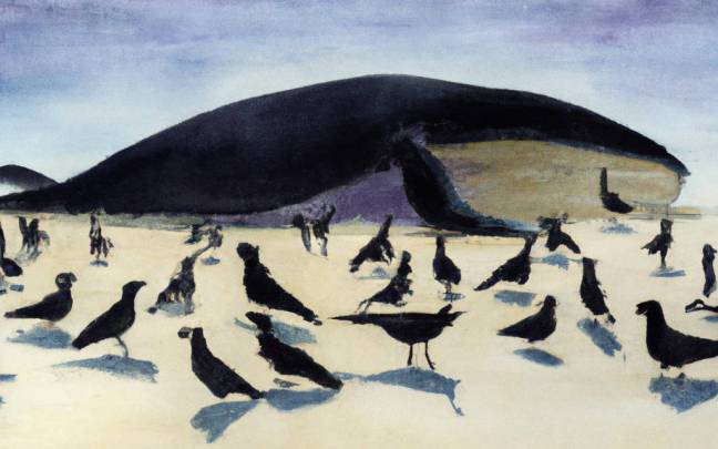 Watercolour painting of a beached whale, surrounded by birds. (AI generated image)